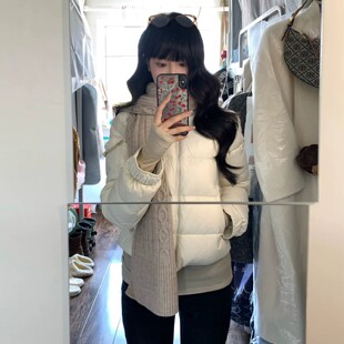 美式奶白色短款立领羽绒棉服女冬季小个子保暖加厚夹棉袄正肩外套