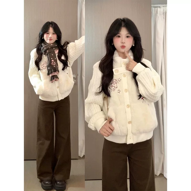 甜美针织拼接兔毛毛羽绒棉服女冬季新款小个子保暖夹棉袄加厚外套