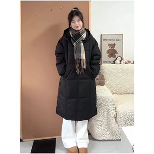 黑色连帽长款棉服女冬季恋歌少女穿搭加厚保暖过膝小个子棉衣外套