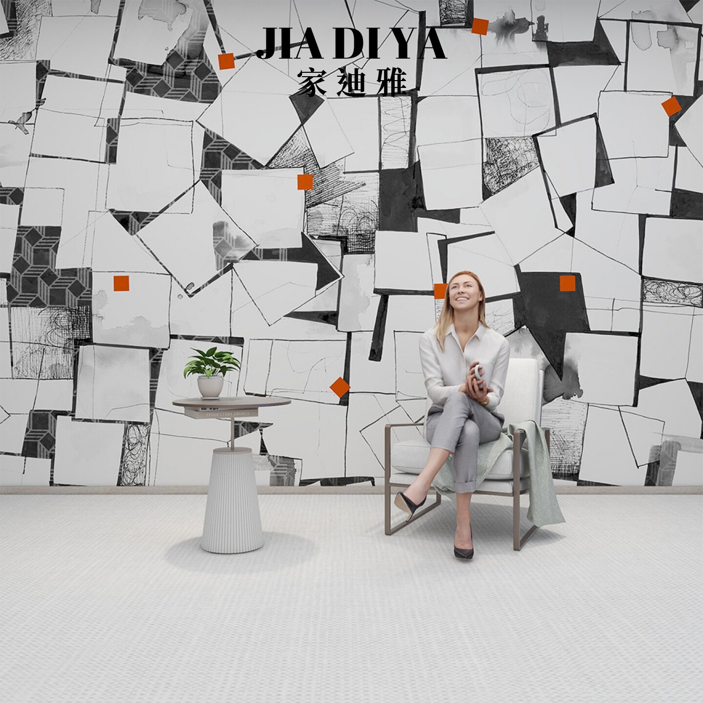 3d黑白方形不规则线条装饰壁画客厅沙发电视背景墙纸卧室定制壁纸