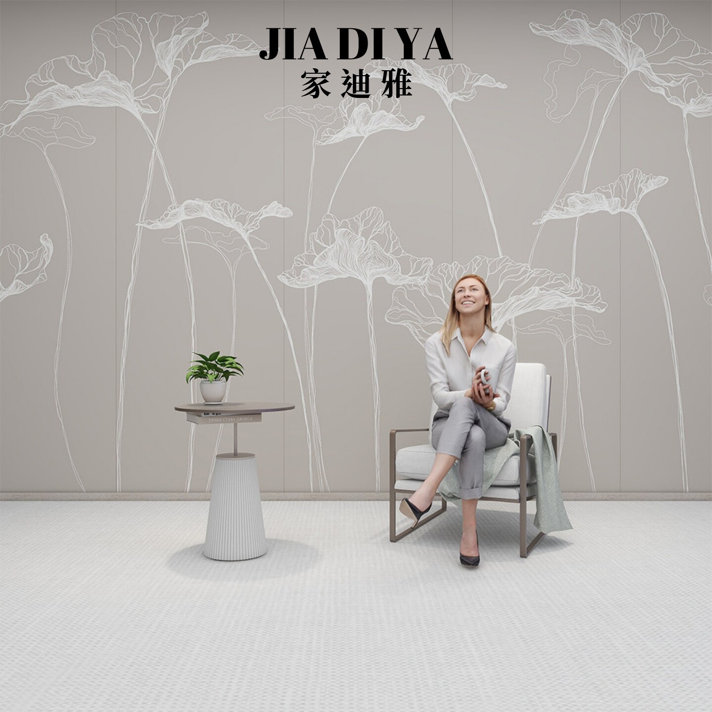 3d简约现代新中式线描荷花叶子壁画客厅沙发卧室书房影视墙布壁纸