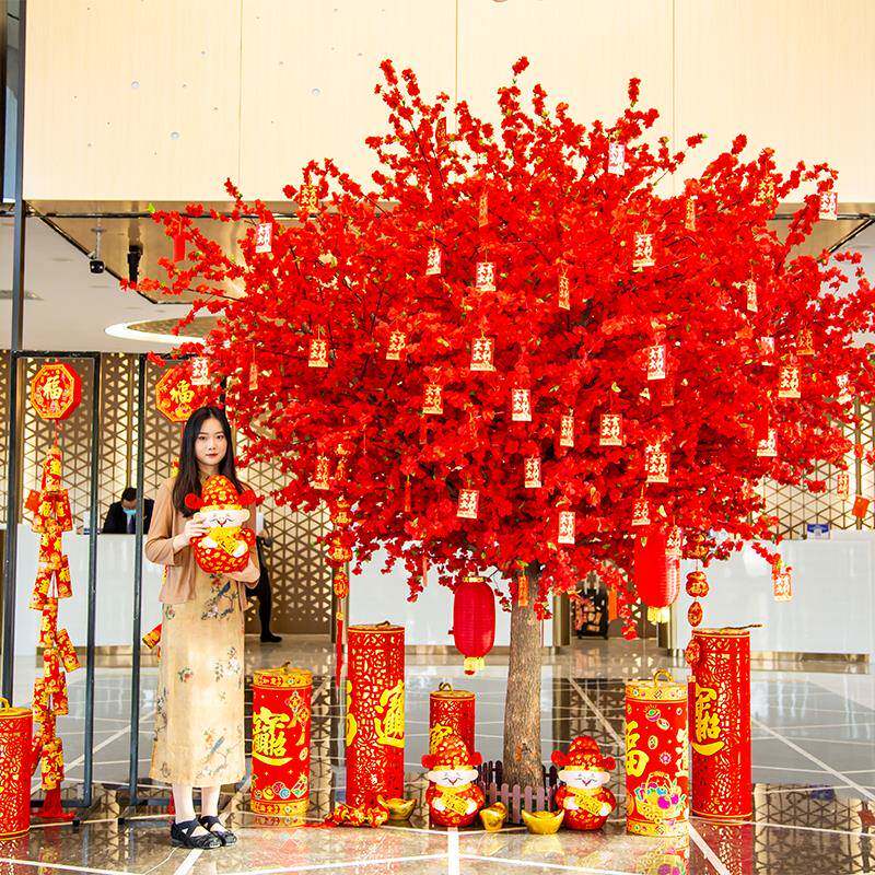 新年红色摇钱树装饰许愿树过年大厅春节假花树桃花树心愿树喜庆