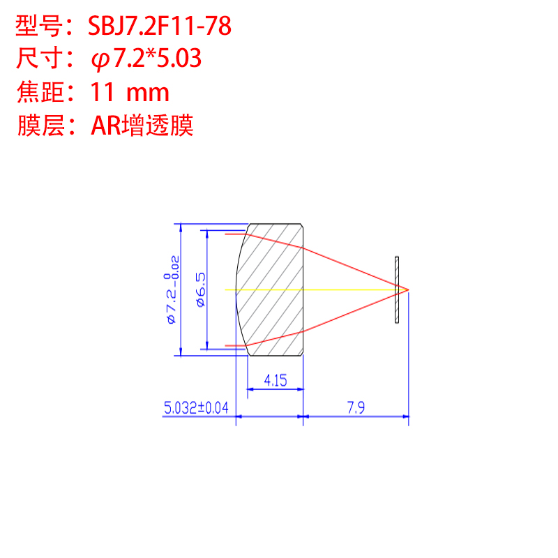 7.2mm激光聚焦镜片非球面模压准直透镜增透镀膜激光器镜头焦距F11