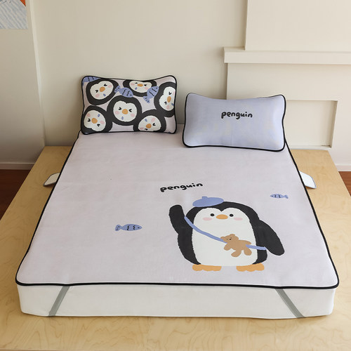 夏季卡通企鹅印花冰丝凉席三件套