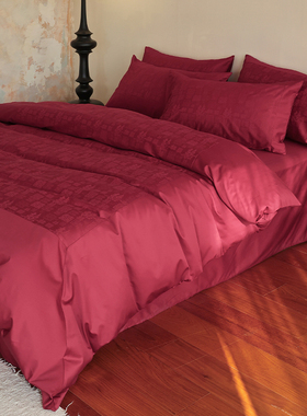 花时间生活50支全棉婚庆床品红色大提花被套床单结婚床上六件套