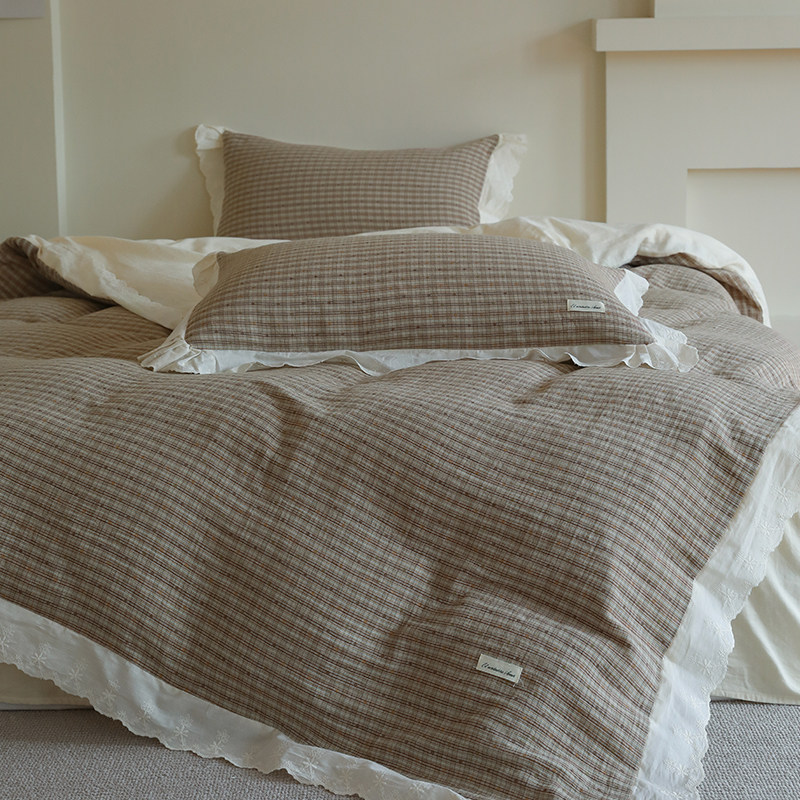 花时间生活春季法式格纹纯棉双层纱床单四件套亲肤水洗床上用品,床上用品,床品套件/四件套/多件套,淘宝优惠券,粉丝福利购,淘宝优惠卷