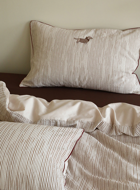 花时间生活原创韩系ins风水洗纯棉床单四件套提花刺绣条纹床品