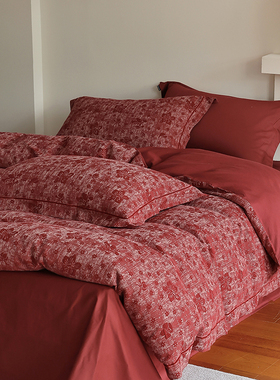 花时间生活中式提花婚庆床单被套全棉床品60S纯棉红色新婚四件套