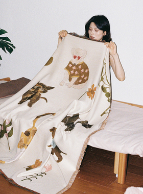 花时间生活原创中古艺术挂毯沙发毯针织毯装饰卡通猫咪单人空调毯