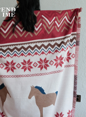 Spendtime原创新年马年毯子中古艺术挂毯针织毯装饰卡通单人盖毯