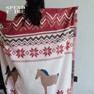 Spendtime原创新年马年毯子中古艺术挂毯针织毯装饰卡通单人盖毯