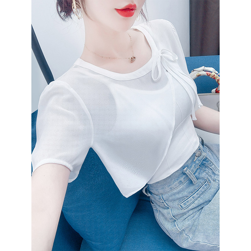 白色雪纺短袖女2026新款披肩夏季吊带裙外搭开衫薄纱上衣圆领罩衫