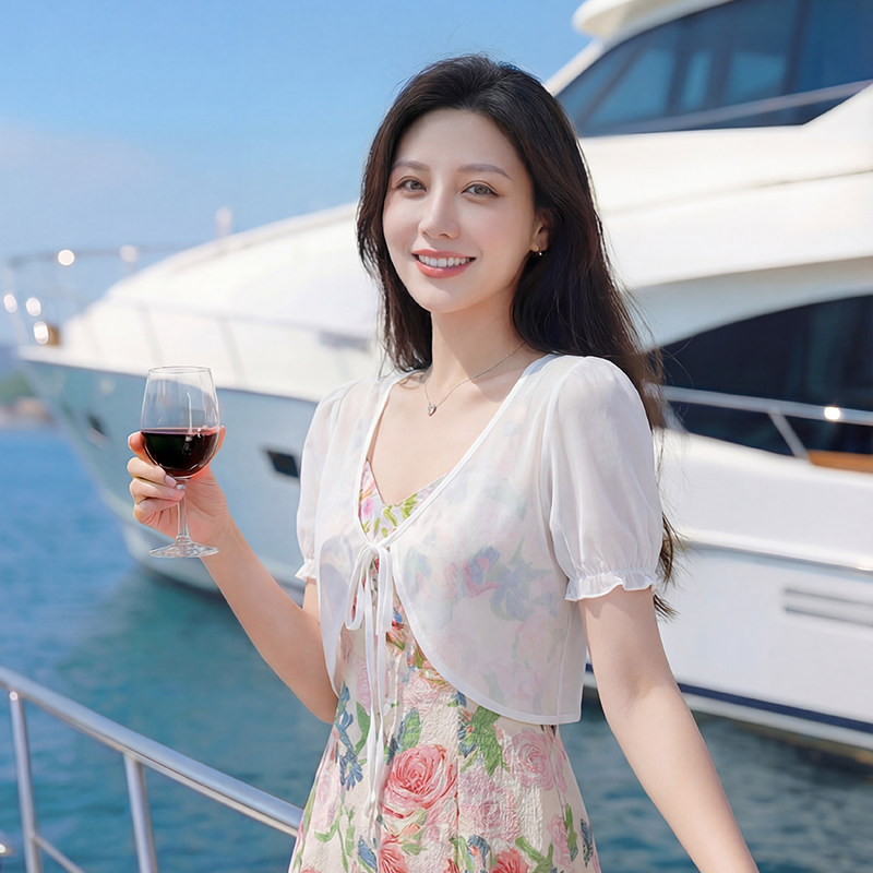 短袖雪纺衫女披肩夏季吊带裙子外搭开衫薄款系带短款罩衫坎肩上衣