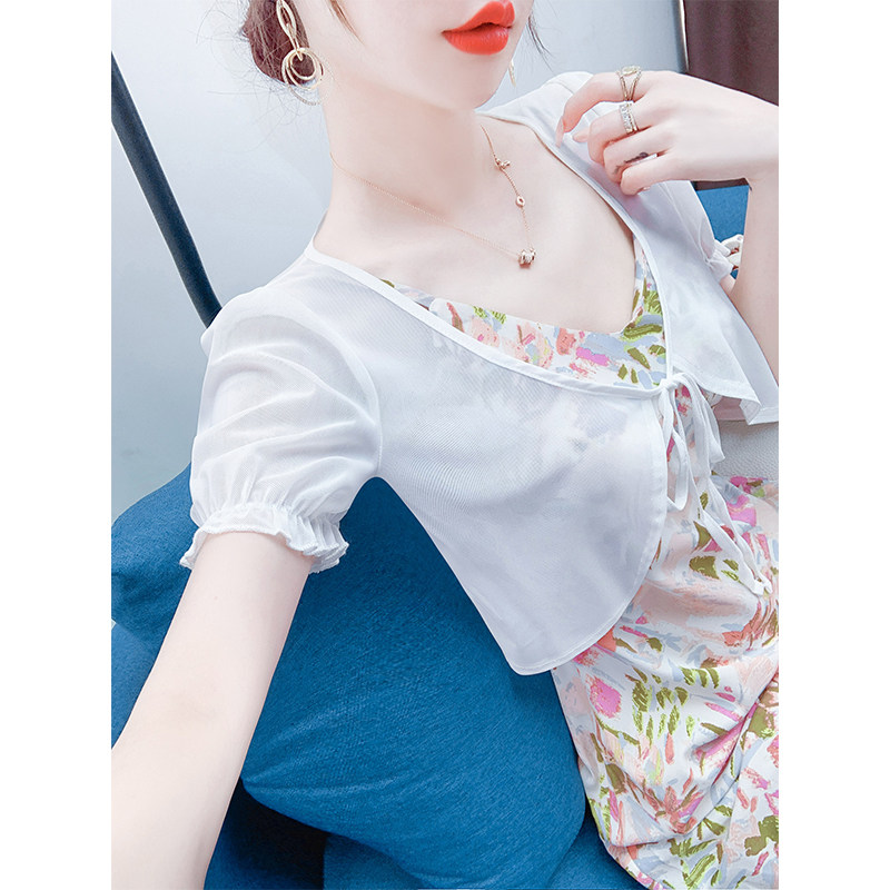 短袖雪纺衫女小披肩夏季配裙子吊带外搭开衫薄款系带短款罩衫上衣