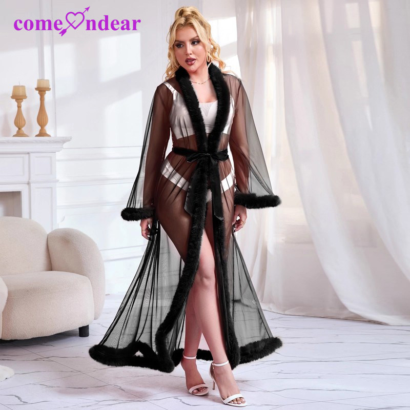 性感睡衣女2025新款蕾丝网纱透视大码仿水貂毛边长款睡袍纯欲套装,女士内衣/男士内衣/家居服,睡袍/浴袍,淘宝优惠券,粉丝福利购,淘宝优惠卷