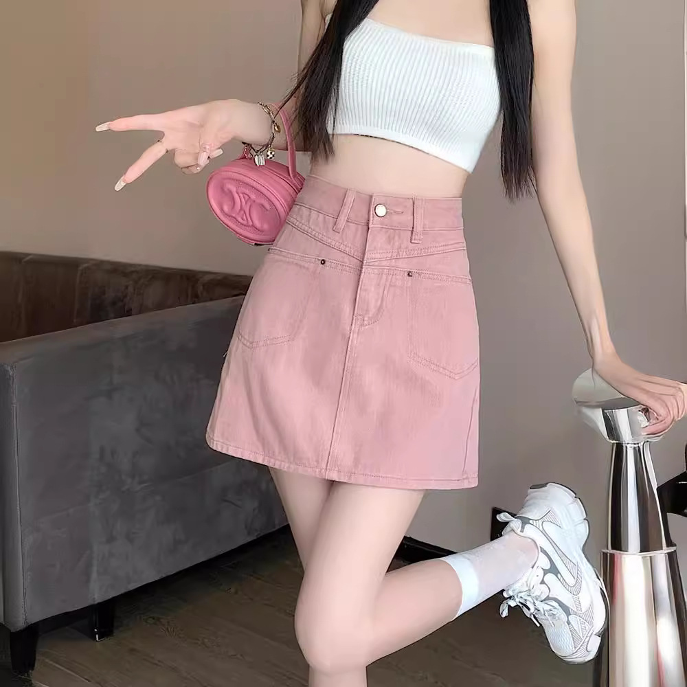大码粉色牛仔半身裙女夏季胖mm高腰显瘦别致防走光包臀A字短裙子