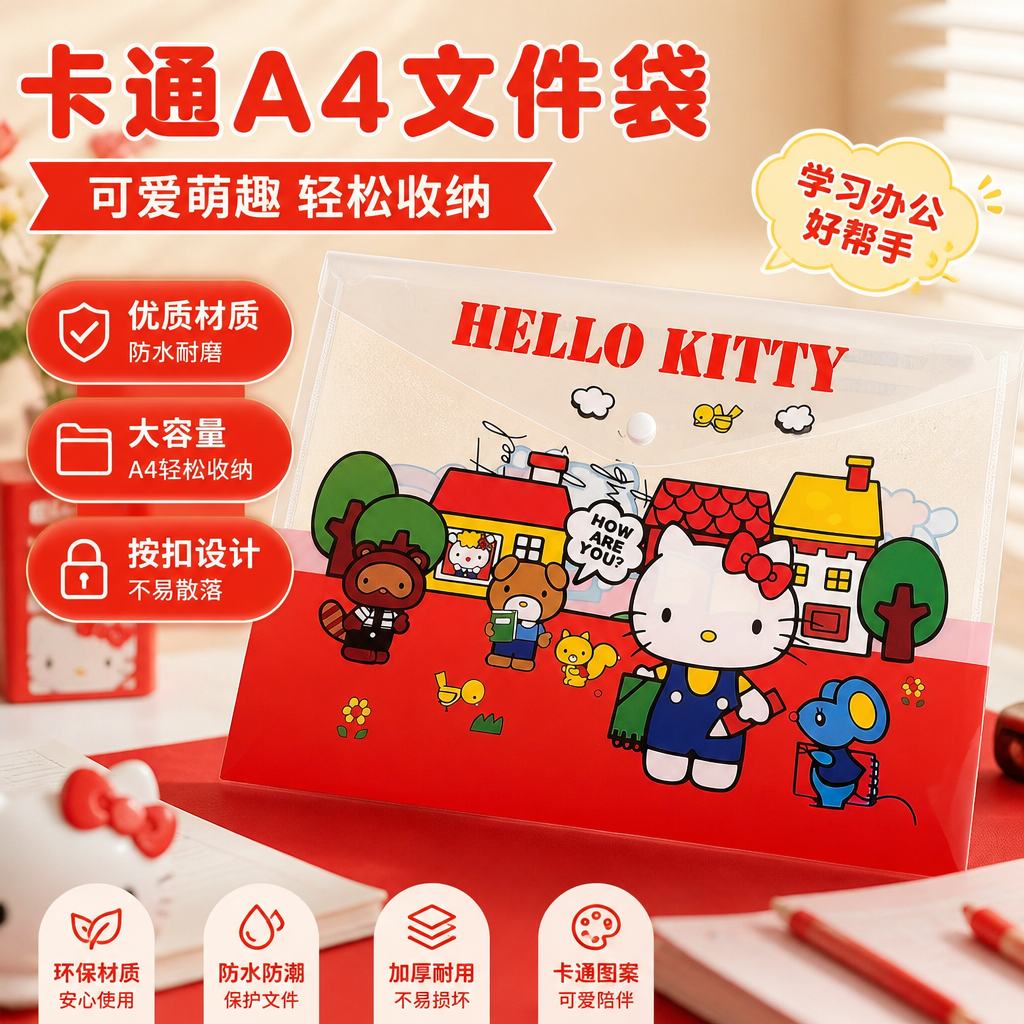 红色小猫A4防水大容量文件袋