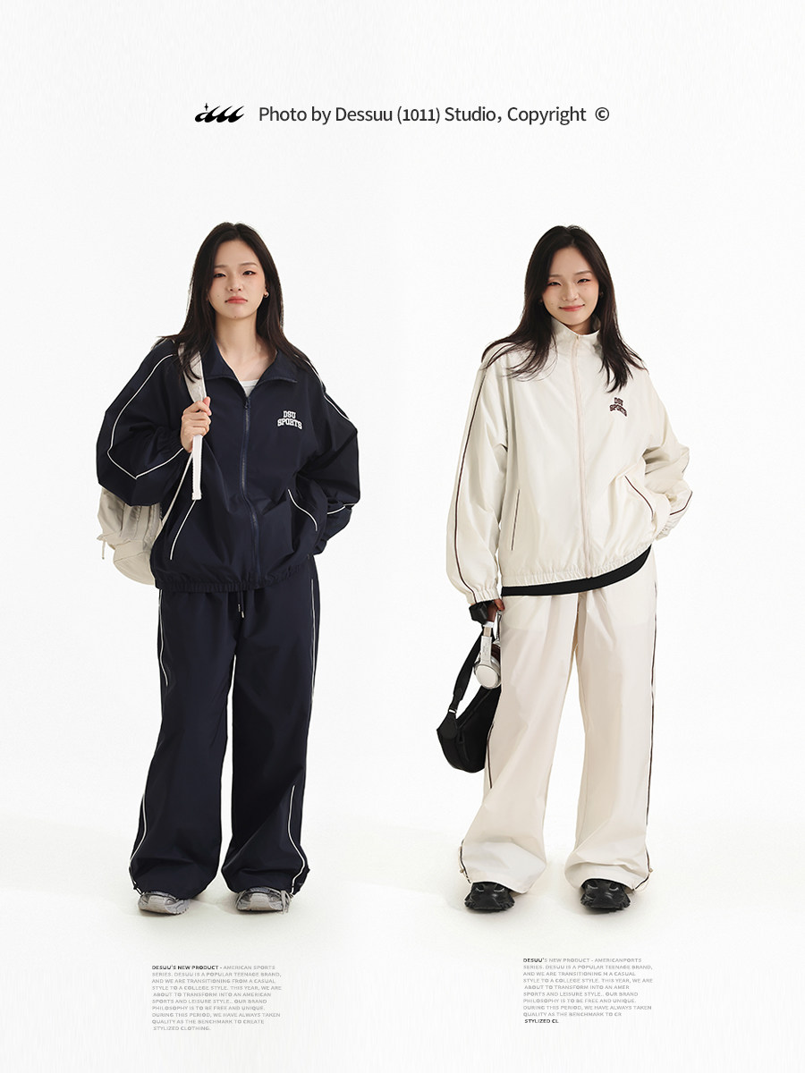 DESSUU 우븐 재킷 캐주얼 바지 스포츠 슈트 투피스 아메리칸 칼리지 스타일 문자 자수 탑