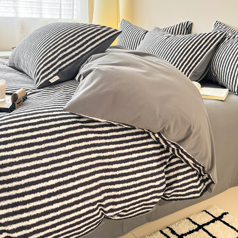 黑白条纹全棉磨毛四件套纯棉床品套件软糯舒适高级感居家床单被套