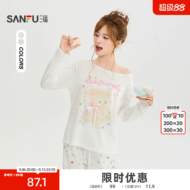 三福长T恤2026秋季小熊蝴蝶结斜肩彩扣宽松罩衫女装529416图片