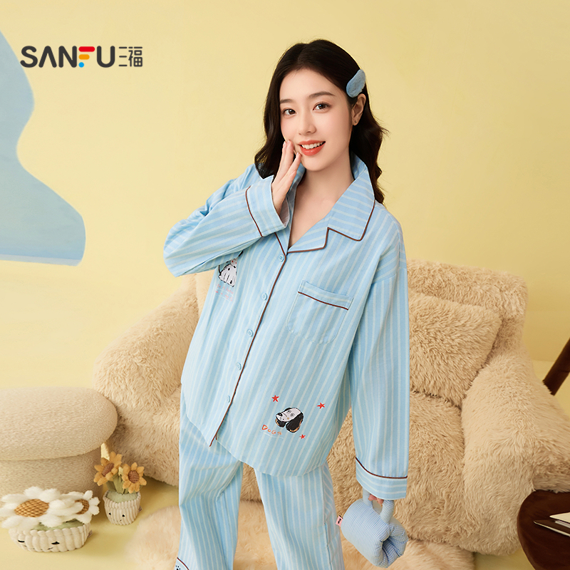 三福女冬季新款仿麻料排扣睡衣套装趣味宽松翻领长袖家居服507903