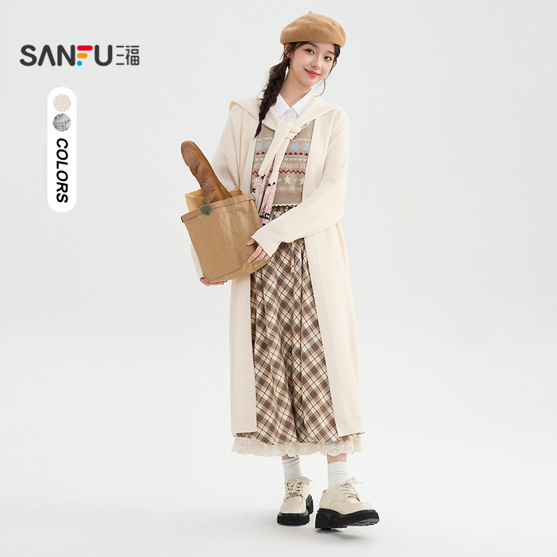 三福开衫2025冬季撞色花纹披肩宽松休闲毛衣上衣女装508891