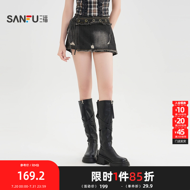 三福裙裤2025夏季复古破洞绑带搭片牛仔裤短裤女装502295