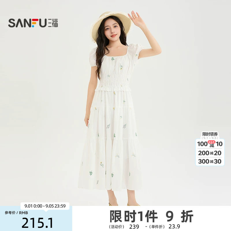 三福连衣裙2026夏季打揽满版碎花收腰方领裙子女装524154图片