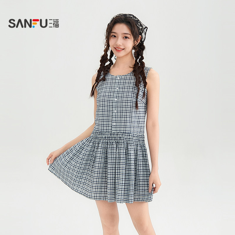 三福连衣裙2026夏季精美格子挎包装饰圆领收腰裙子女装521347