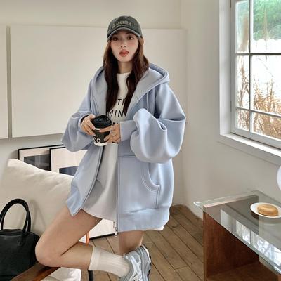 青醒自制 oversize太空棉浅蓝色拉链加绒连帽卫衣女宽松开衫外套