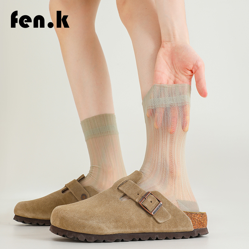 油绿中筒玻璃丝水晶袜子夏超薄网眼透气防臭无骨堆堆丝袜配勃肯鞋