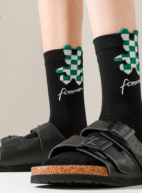 立体绿色小熊袜子外穿女生中筒长袜棉运动个性ins潮防臭吸汗无骨