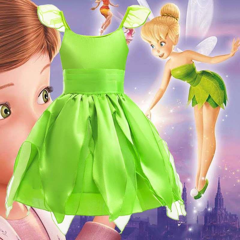 小精灵连衣裙tinker bell欧美跨境女童公主裙cos裙子Tiana绿色
