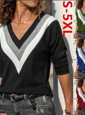 跨境新款2020欧美女装亚马逊wish热卖V领长袖撞色毛衣宽松型T恤