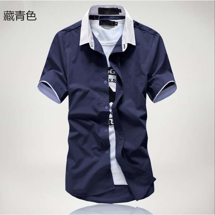 男士夏季韩版潮流短袖立领白领子衬衣修身弹力纯色休闲寸衣男