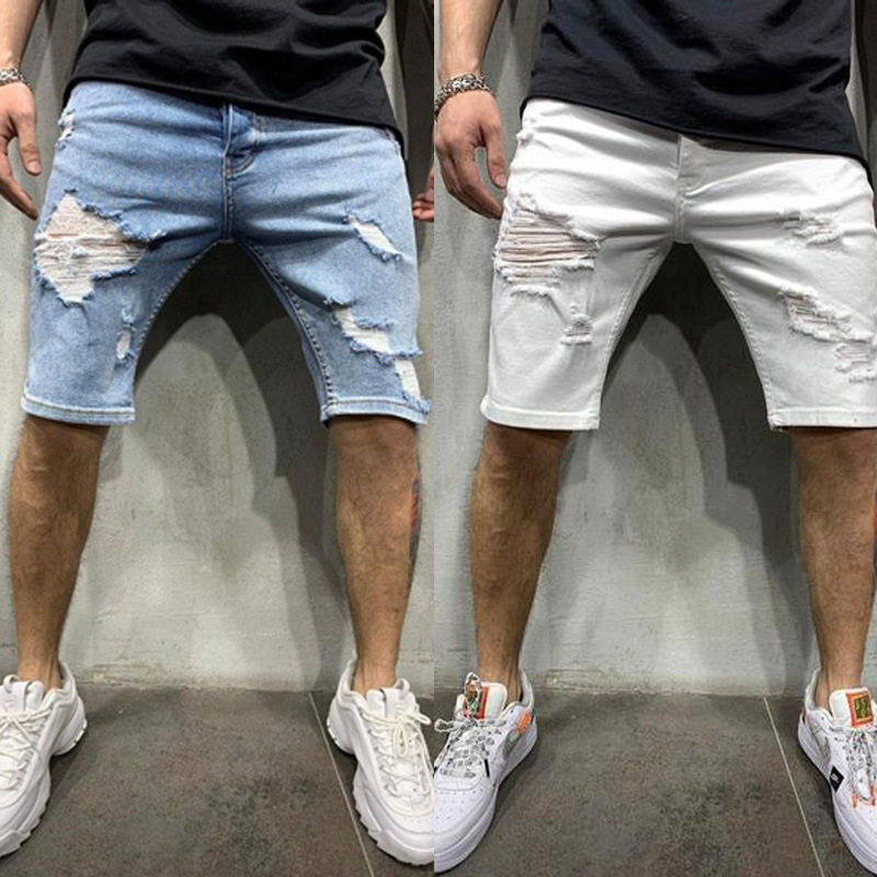 2026 men clotheswish热卖破洞牛仔短裤欧美白色紧身中裤 潮流男