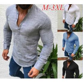 2018ebay速卖通wish爆款 秋季新品 纯色长袖休闲亚麻半开衬衫男装