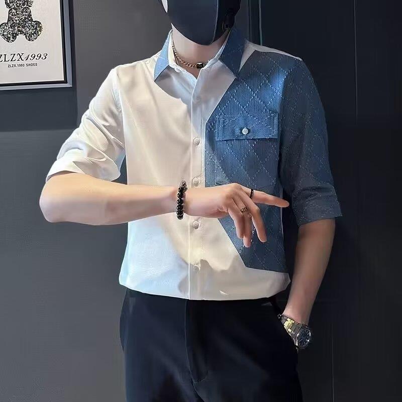 夏天季衬衫男士装拼接牛仔口袋五分袖衬衣潮中袖2023新款潮流半袖