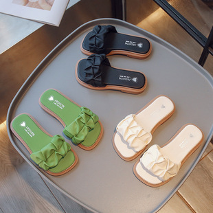 女童一字拖鞋2023年夏季新款花边小女孩公主风韩版外穿软底凉拖鞋