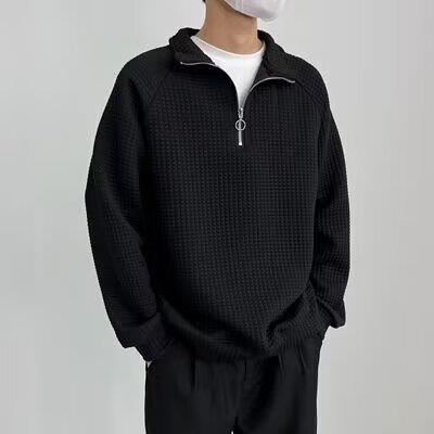 2023华夫格高领卫衣男士半拉链春秋新款休闲宽松翻领打底衫服