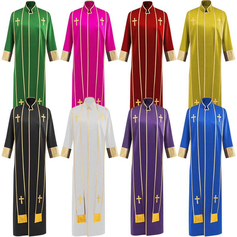 跨境中世纪牧师服多色十字架刺绣立领流苏唱诗班演出服万圣节cos