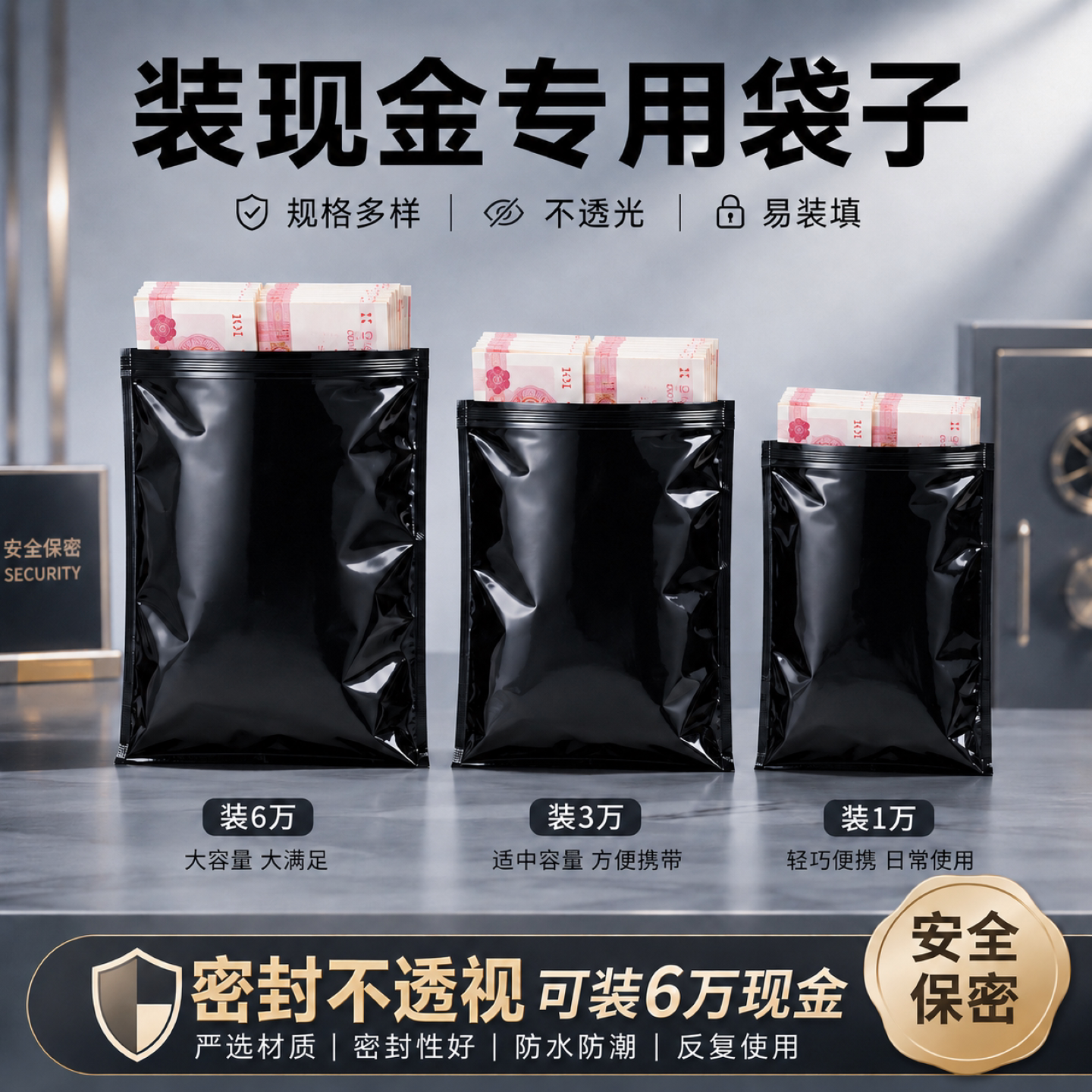 黑色加厚现金保护袋防水防潮密封袋钞票隐私物品存放收纳自封袋子