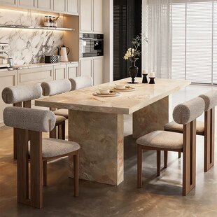 法式洞石莫奈花园岩板餐桌现代简约中古风大平层长方形饭桌椅组合