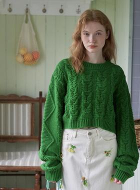 星山袋 绿色短款套头毛衣圆领绞花羊毛宽松高级感针织洋气25秋新