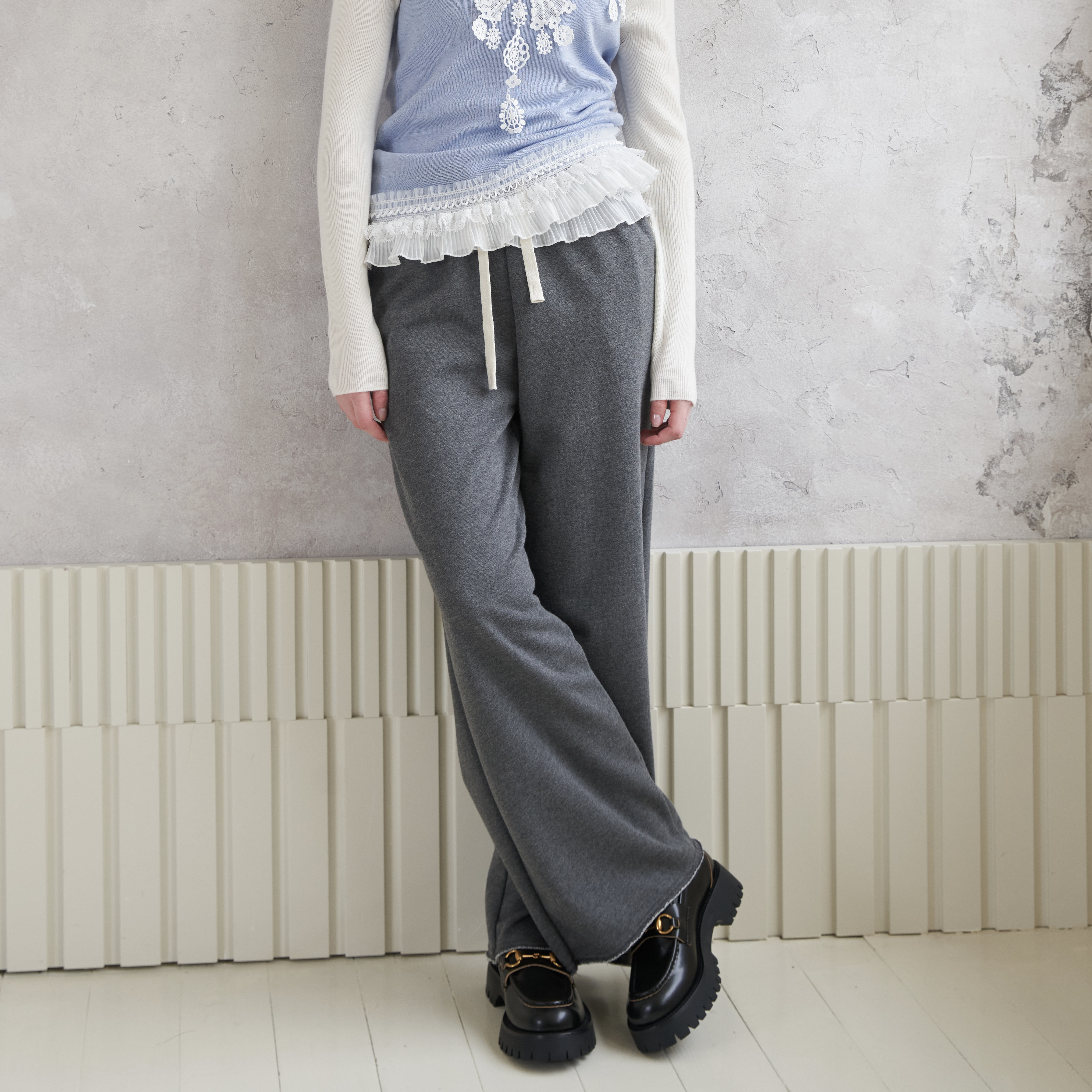 星山袋全棉蕾丝花边灰色卫裤