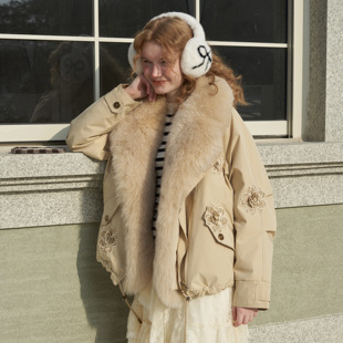 星山袋100%狐狸毛领派克服浅棕色保暖羽绒服休闲翻领高端外套冬季