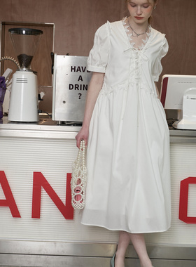 星山袋【限时6折】白色匹马棉连衣裙防皱长款短袖宽松V领显瘦夏季