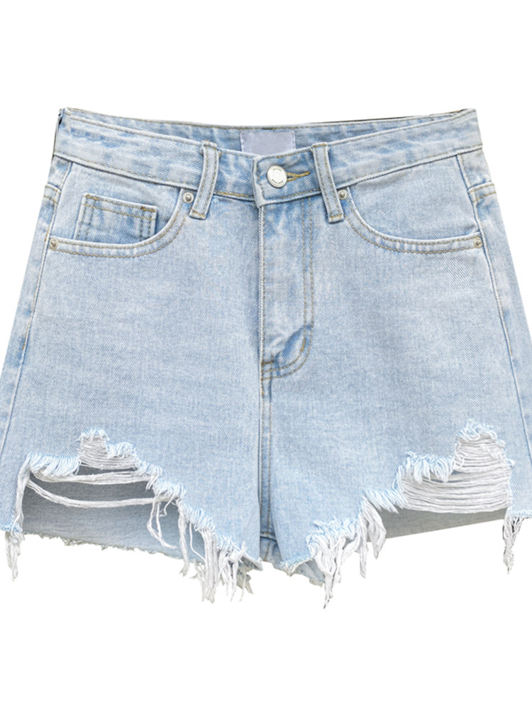 DISTRESSED RAW LIGHT DENIM SHORTS WOMENS 2024 NEW SUMMER DESIGN SENSE NICHE RIPPED HIGH-WAISTED SLIM PANTS