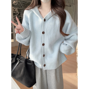 长袖 慵懒宽松连帽单排扣毛衣针织开衫 外套上衣 秋冬韩版 实拍实价