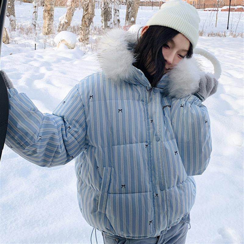 韩系时尚条纹拼接毛领连帽短款棉衣女冬季蝴蝶结印花加厚棉服外套